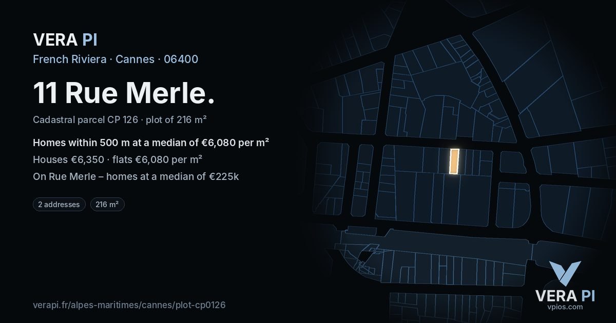 11 Rue Merle, Cannes at night – the plot lit, the parcels around coloured by the prices near them