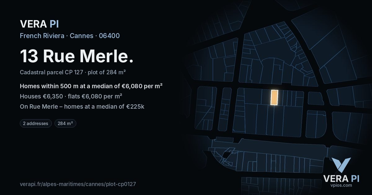 13 Rue Merle, Cannes at night – the plot lit, the parcels around coloured by the prices near them
