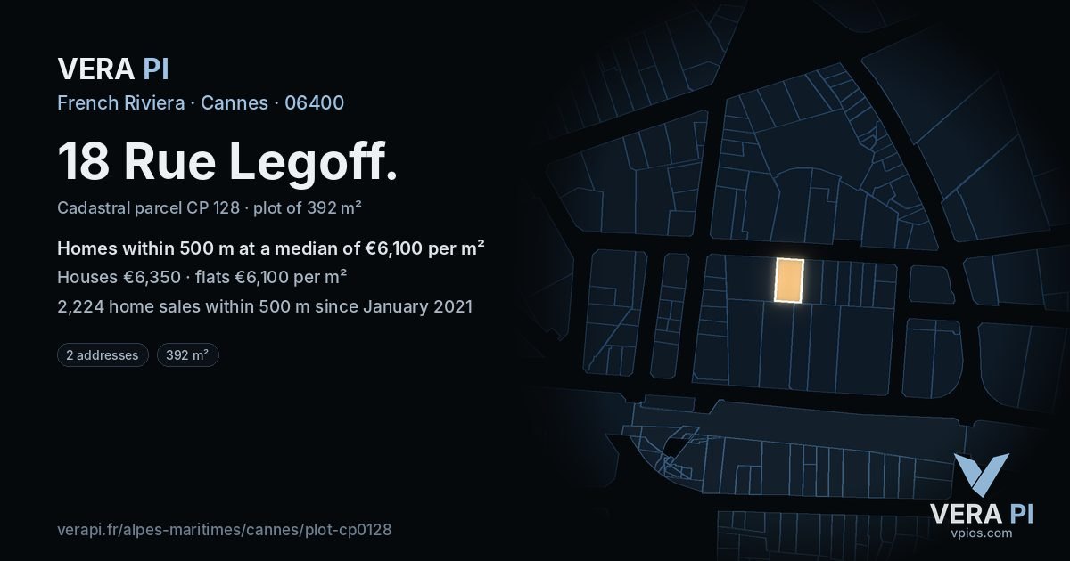 18 Rue Legoff, Cannes at night – the plot lit, the parcels around coloured by the prices near them