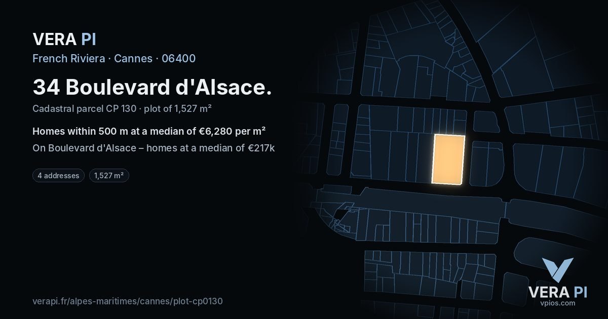 34 Boulevard d'Alsace, Cannes at night – the plot lit, the parcels around coloured by the prices near them