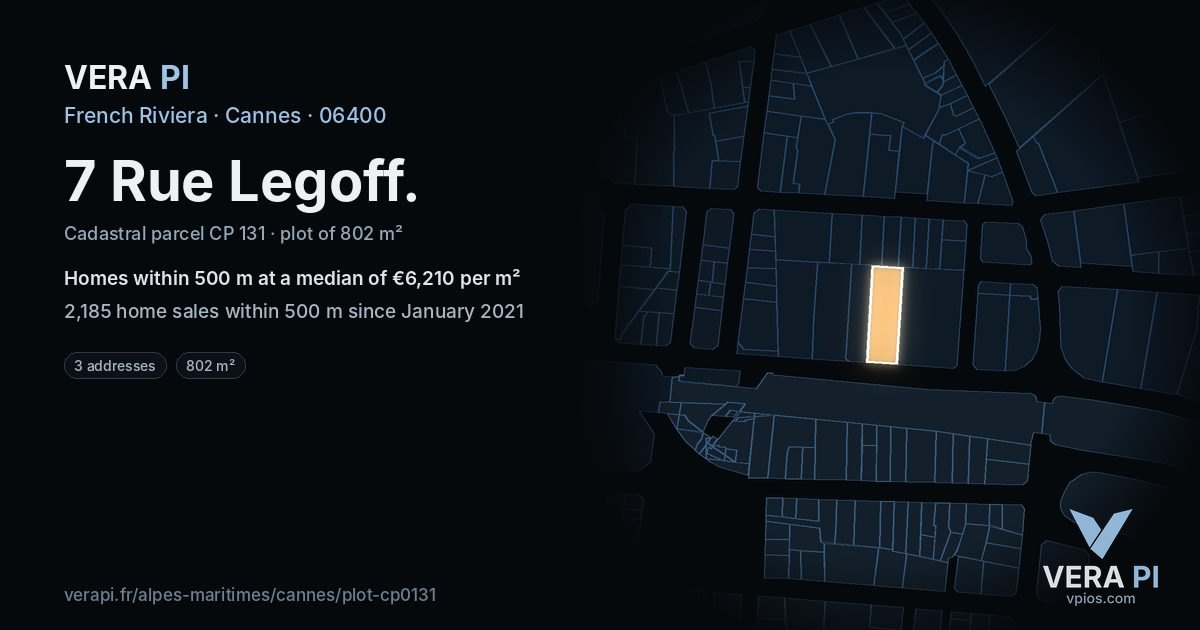 7 Rue Legoff, Cannes at night – the plot lit, the parcels around coloured by the prices near them