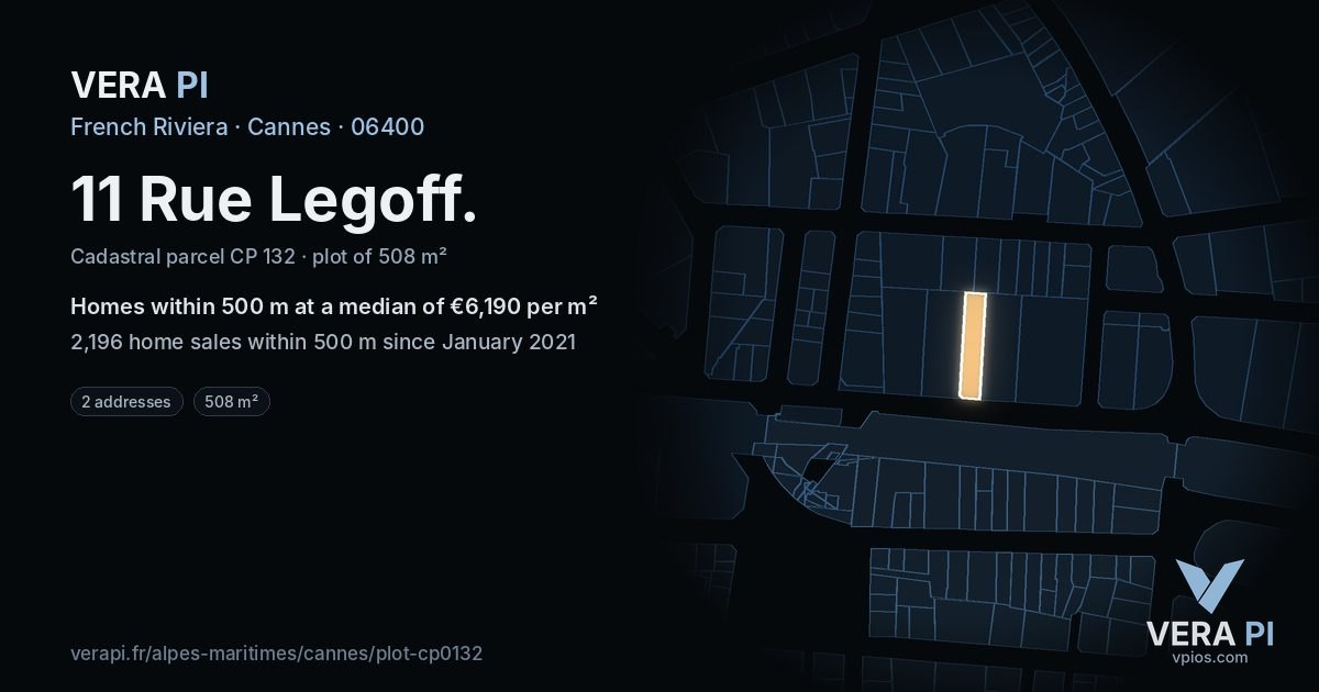 11 Rue Legoff, Cannes at night – the plot lit, the parcels around coloured by the prices near them