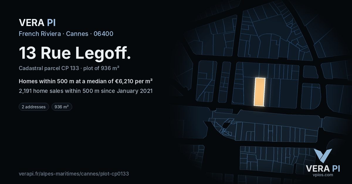 13 Rue Legoff, Cannes at night – the plot lit, the parcels around coloured by the prices near them