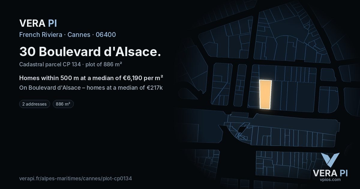 30 Boulevard d'Alsace, Cannes at night – the plot lit, the parcels around coloured by the prices near them
