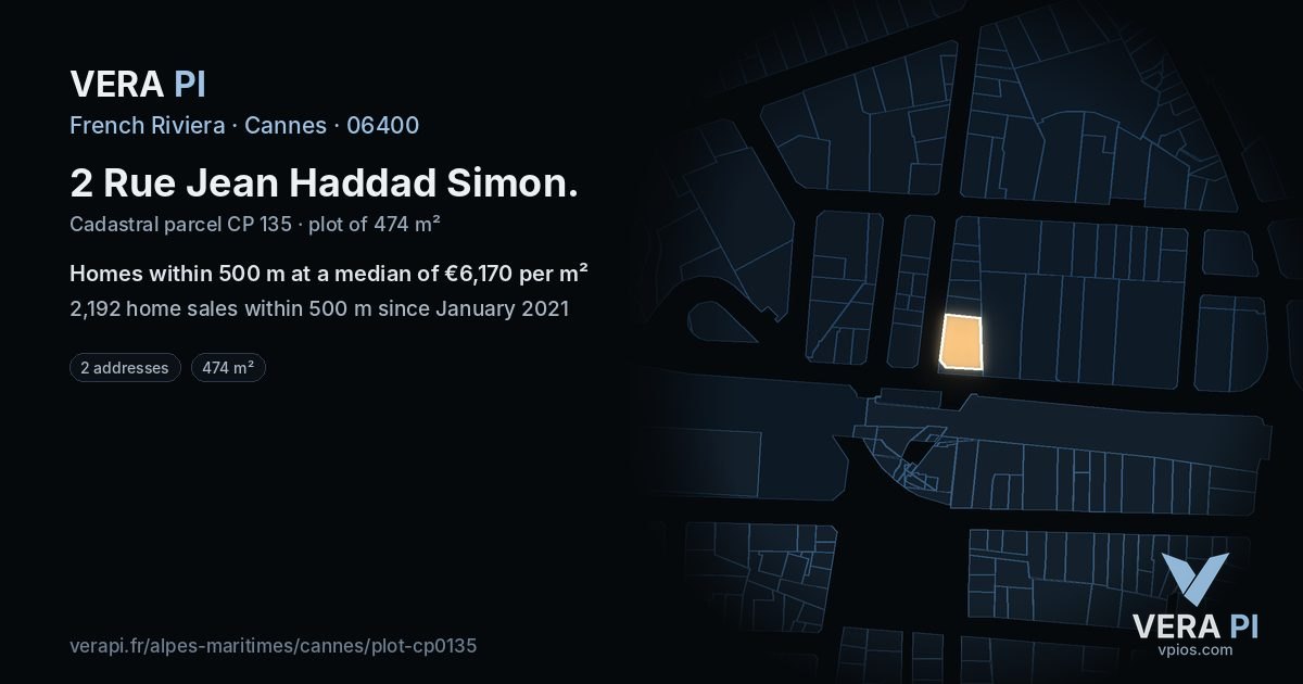 2 Rue Jean Haddad Simon, Cannes at night – the plot lit, the parcels around coloured by the prices near them