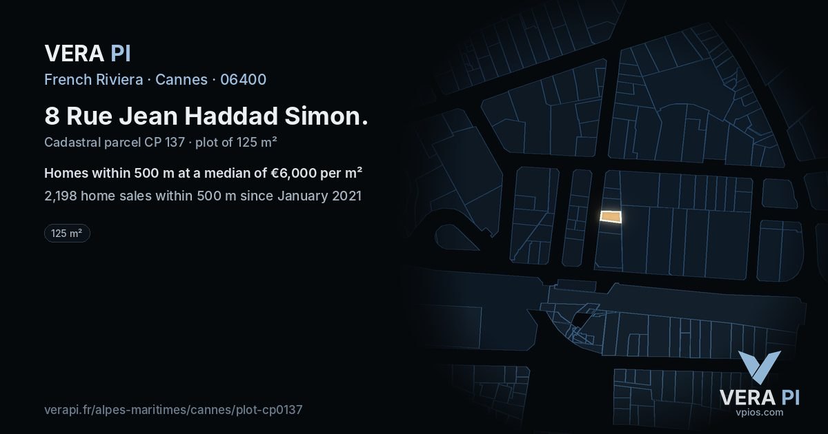 8 Rue Jean Haddad Simon, Cannes at night – the plot lit, the parcels around coloured by the prices near them