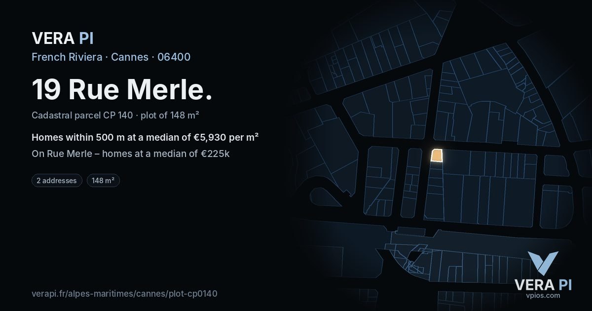 19 Rue Merle, Cannes at night – the plot lit, the parcels around coloured by the prices near them