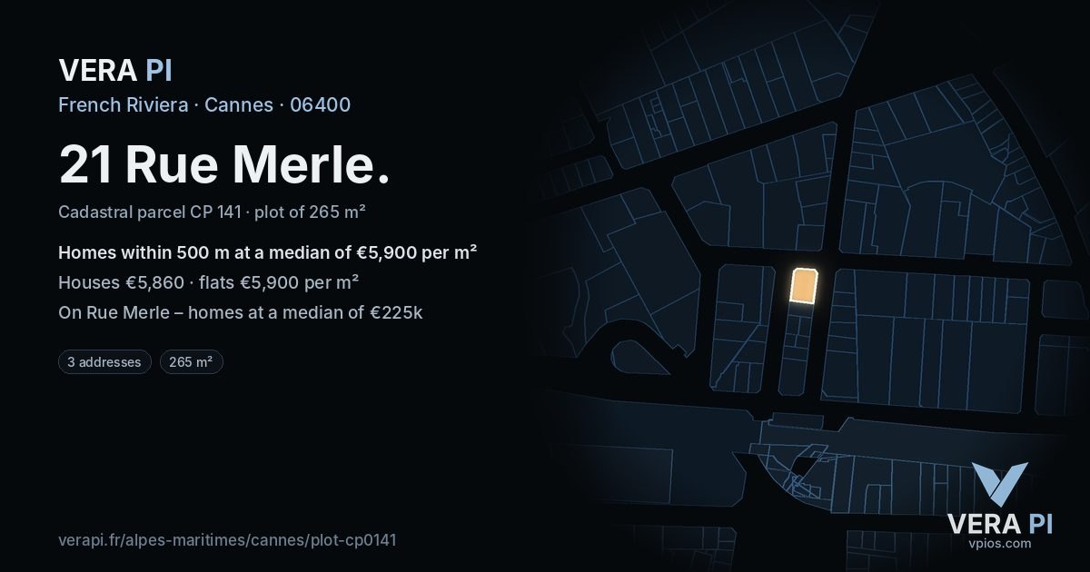 21 Rue Merle, Cannes at night – the plot lit, the parcels around coloured by the prices near them