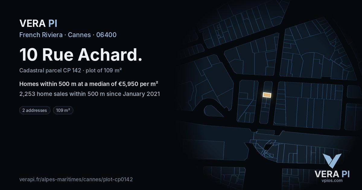 10 Rue Achard, Cannes at night – the plot lit, the parcels around coloured by the prices near them