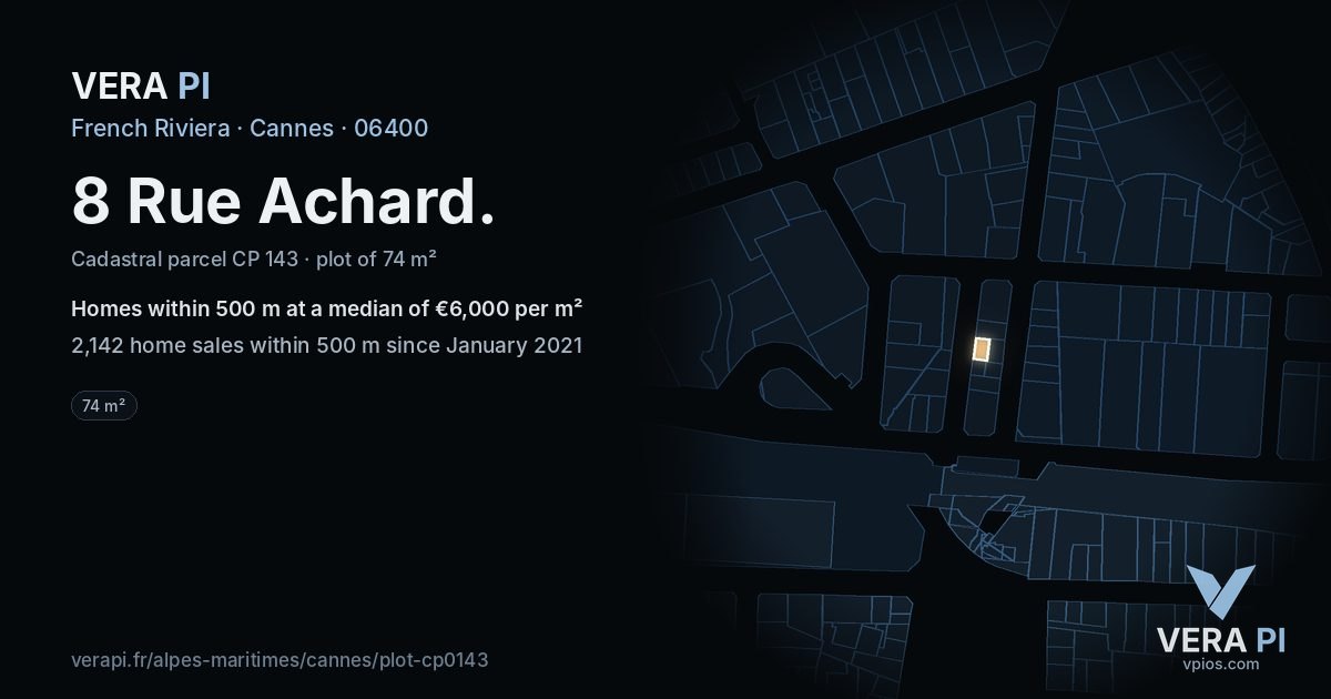 8 Rue Achard, Cannes at night – the plot lit, the parcels around coloured by the prices near them