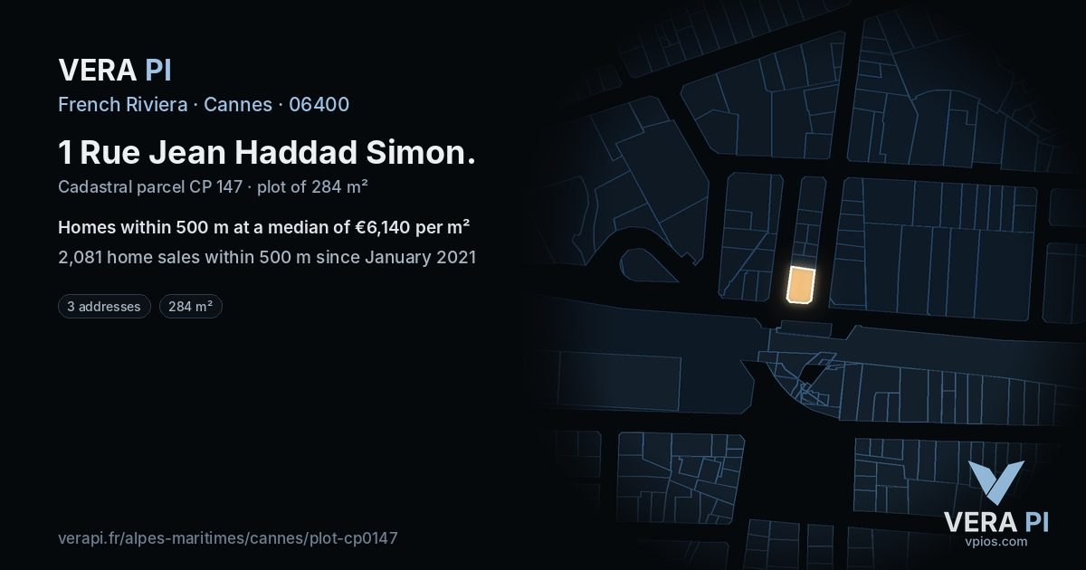 1 Rue Jean Haddad Simon, Cannes at night – the plot lit, the parcels around coloured by the prices near them