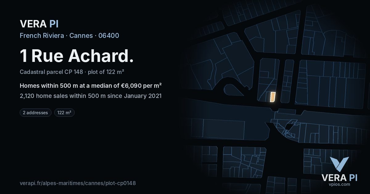 1 Rue Achard, Cannes at night – the plot lit, the parcels around coloured by the prices near them