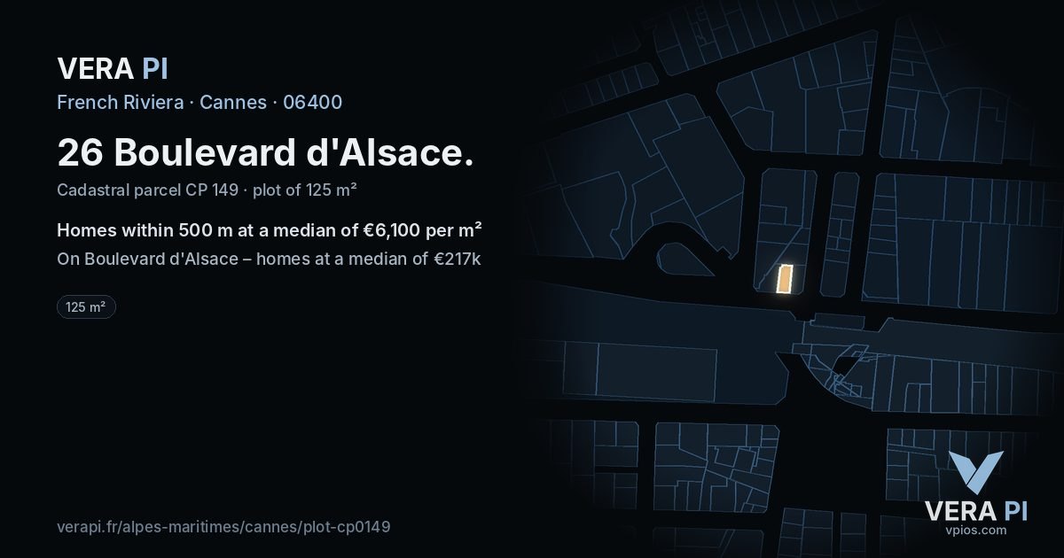 26 Boulevard d'Alsace, Cannes at night – the plot lit, the parcels around coloured by the prices near them