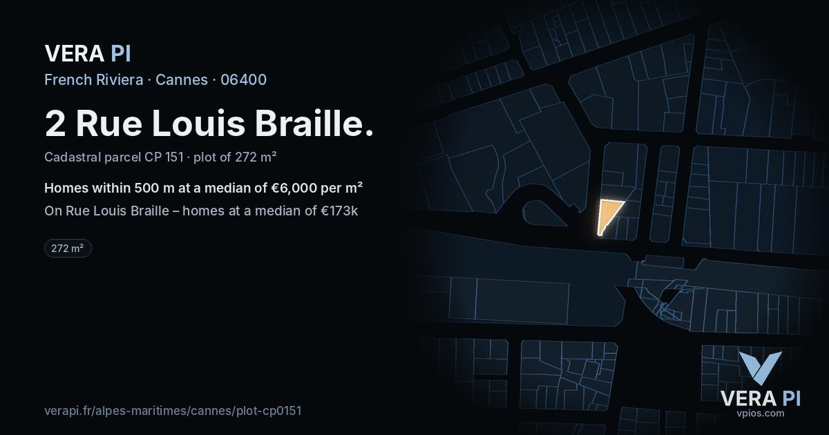 2 Rue Louis Braille, Cannes at night – the plot lit, the parcels around coloured by the prices near them