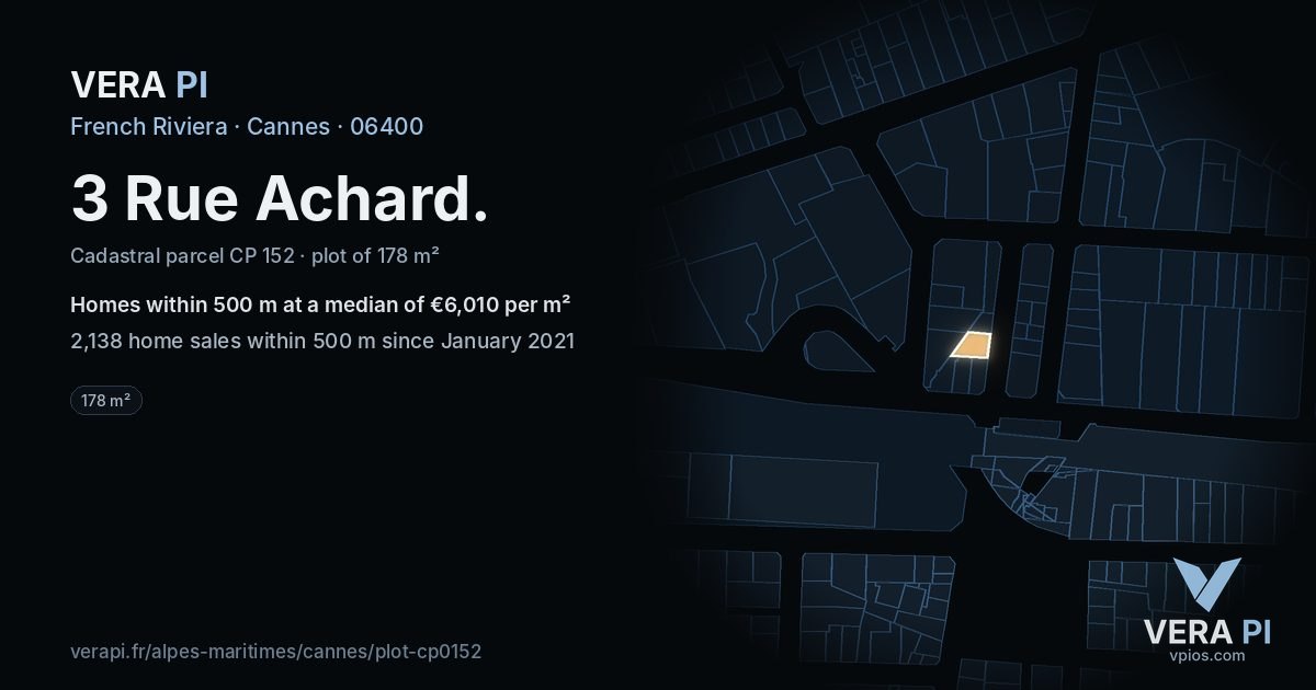 3 Rue Achard, Cannes at night – the plot lit, the parcels around coloured by the prices near them