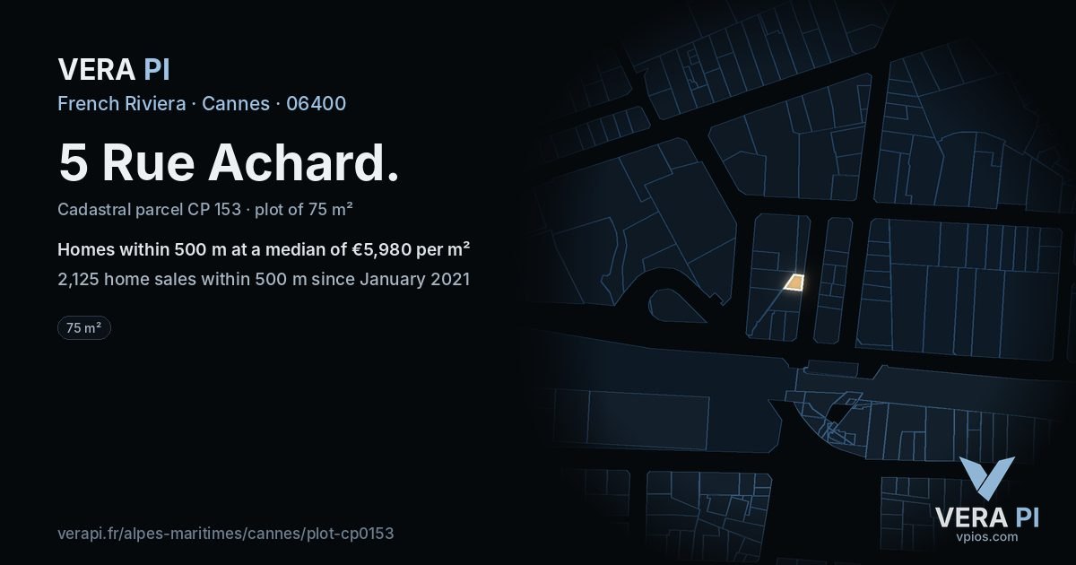 5 Rue Achard, Cannes at night – the plot lit, the parcels around coloured by the prices near them