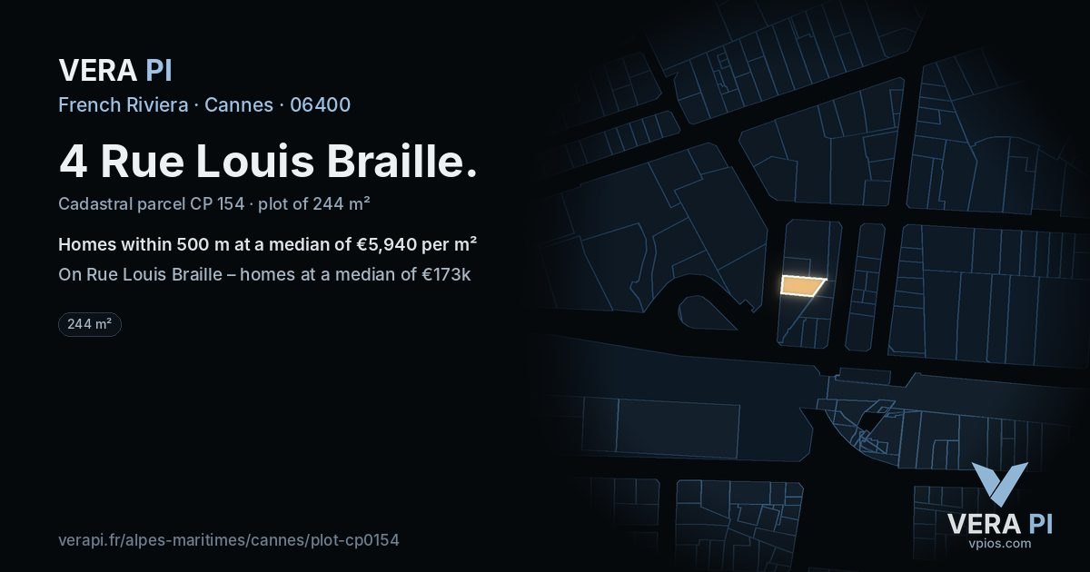 4 Rue Louis Braille, Cannes at night – the plot lit, the parcels around coloured by the prices near them