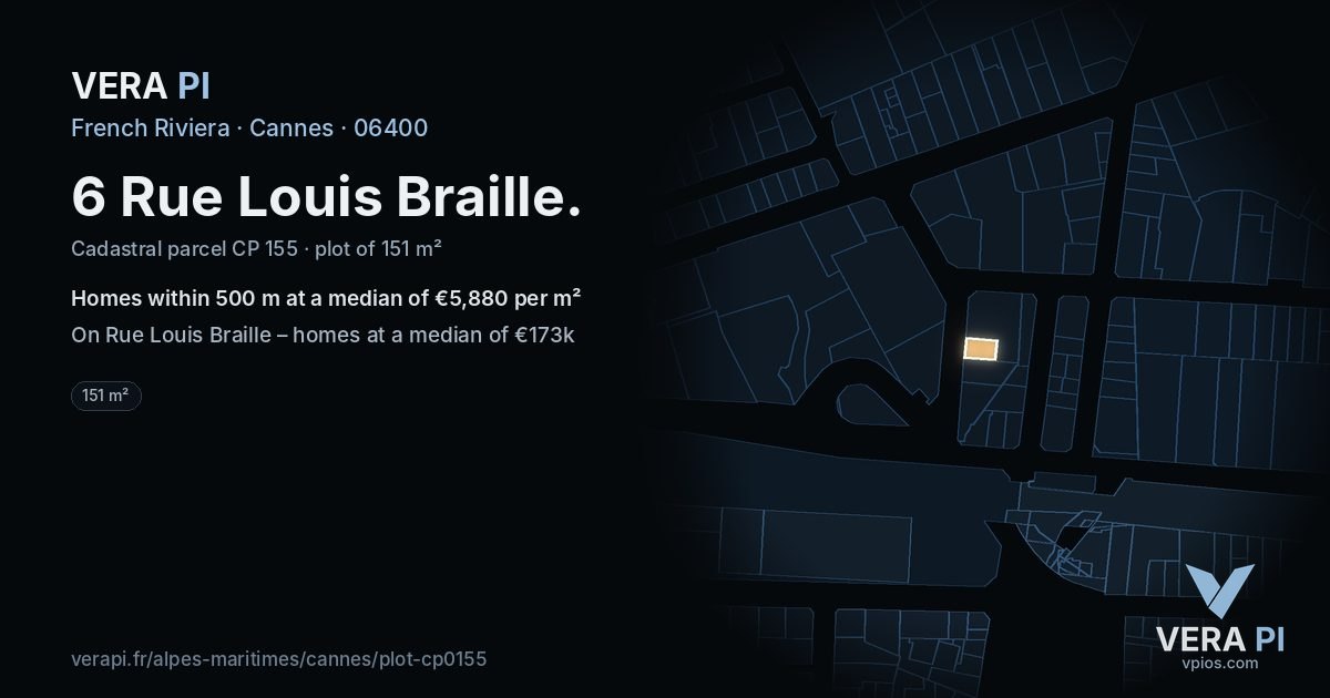6 Rue Louis Braille, Cannes at night – the plot lit, the parcels around coloured by the prices near them