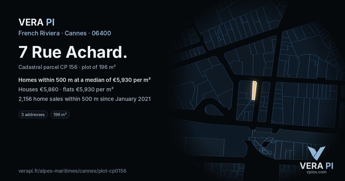 7 Rue Achard, Cannes at night – the plot lit, the parcels around coloured by the prices near them