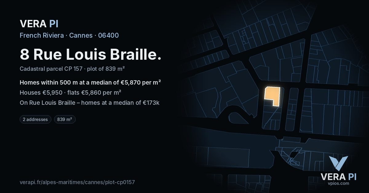 8 Rue Louis Braille, Cannes at night – the plot lit, the parcels around coloured by the prices near them