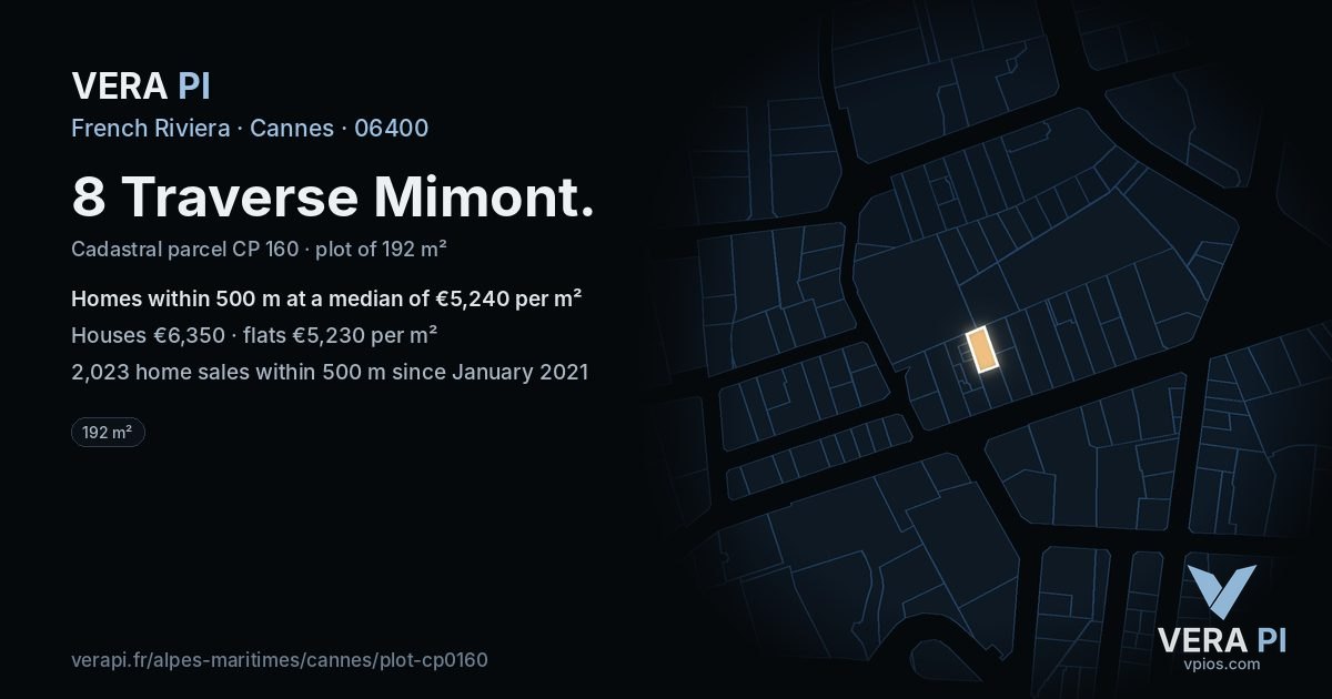 8 Traverse Mimont, Cannes at night – the plot lit, the parcels around coloured by the prices near them