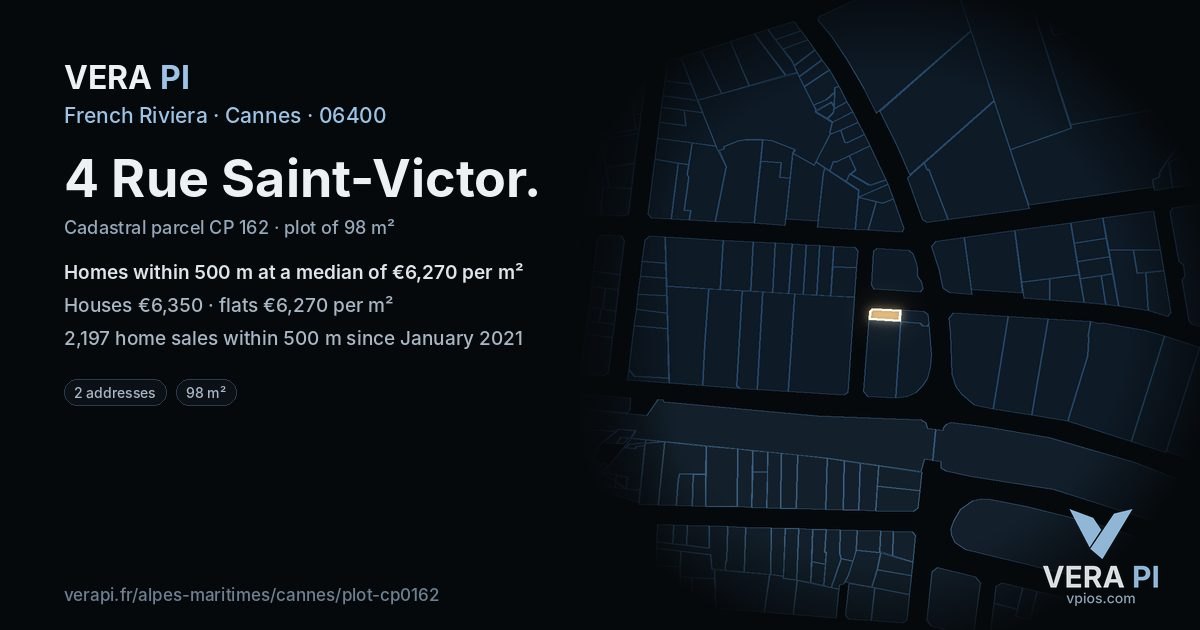 4 Rue Saint-Victor, Cannes at night – the plot lit, the parcels around coloured by the prices near them