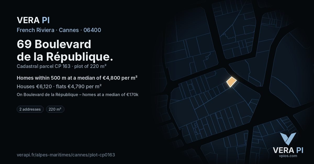 69 Boulevard de la République, Cannes at night – the plot lit, the parcels around coloured by the prices near them