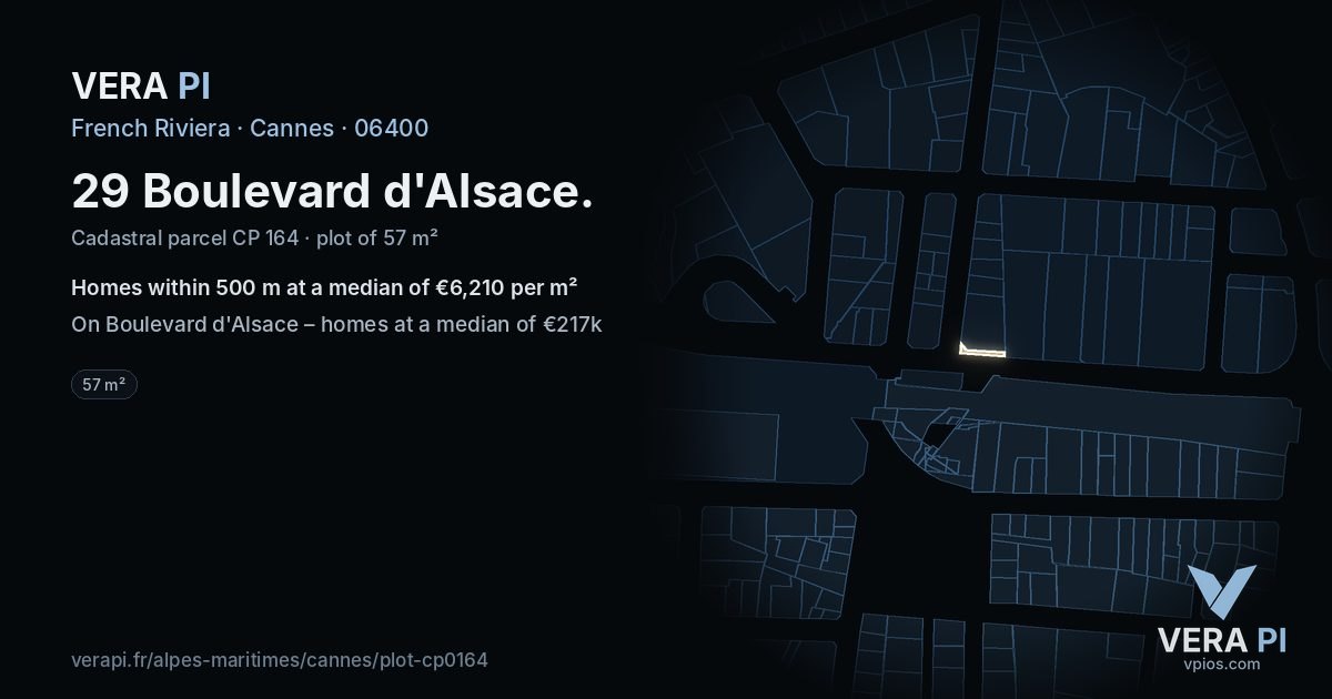 29 Boulevard d'Alsace, Cannes at night – the plot lit, the parcels around coloured by the prices near them