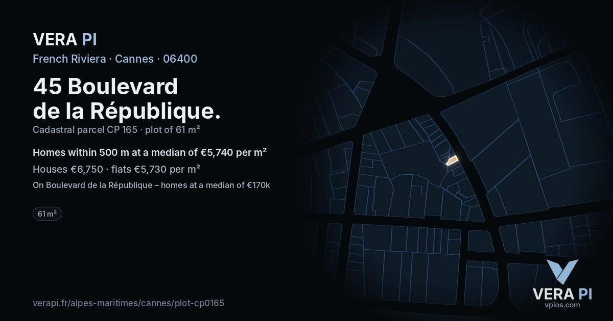 45 Boulevard de la République, Cannes at night – the plot lit, the parcels around coloured by the prices near them
