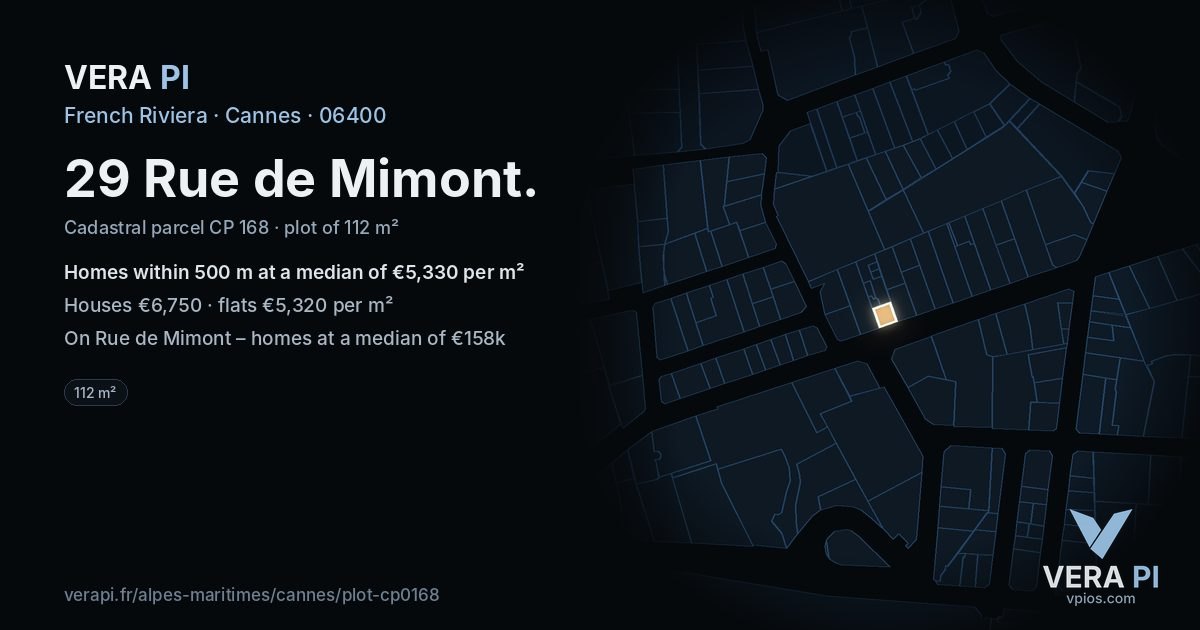 29 Rue de Mimont, Cannes at night – the plot lit, the parcels around coloured by the prices near them