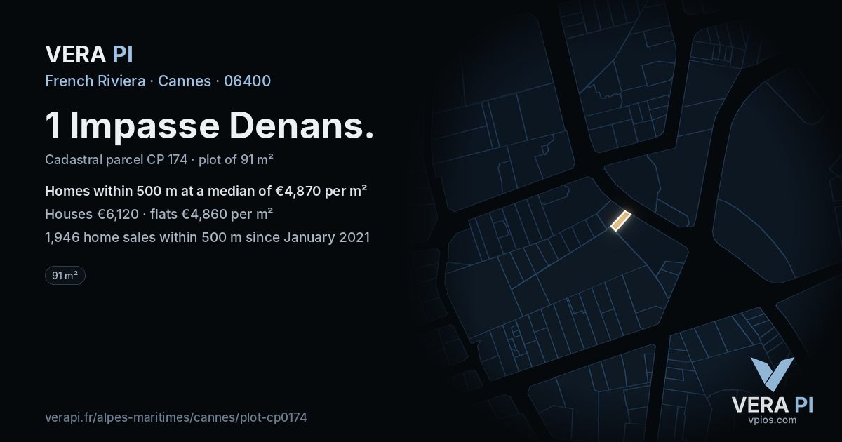 1 Impasse Denans, Cannes at night – the plot lit, the parcels around coloured by the prices near them