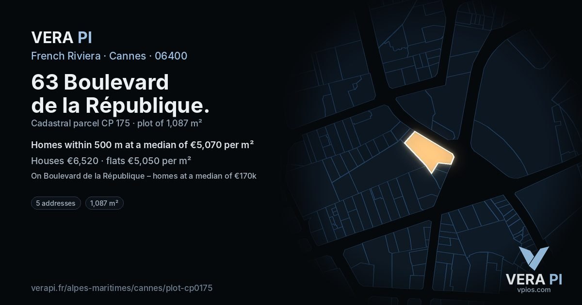 63 Boulevard de la République, Cannes at night – the plot lit, the parcels around coloured by the prices near them