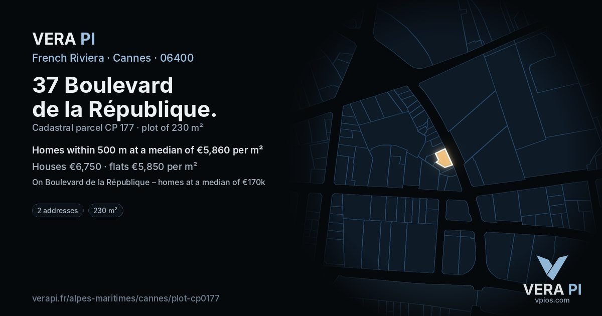 37 Boulevard de la République, Cannes at night – the plot lit, the parcels around coloured by the prices near them