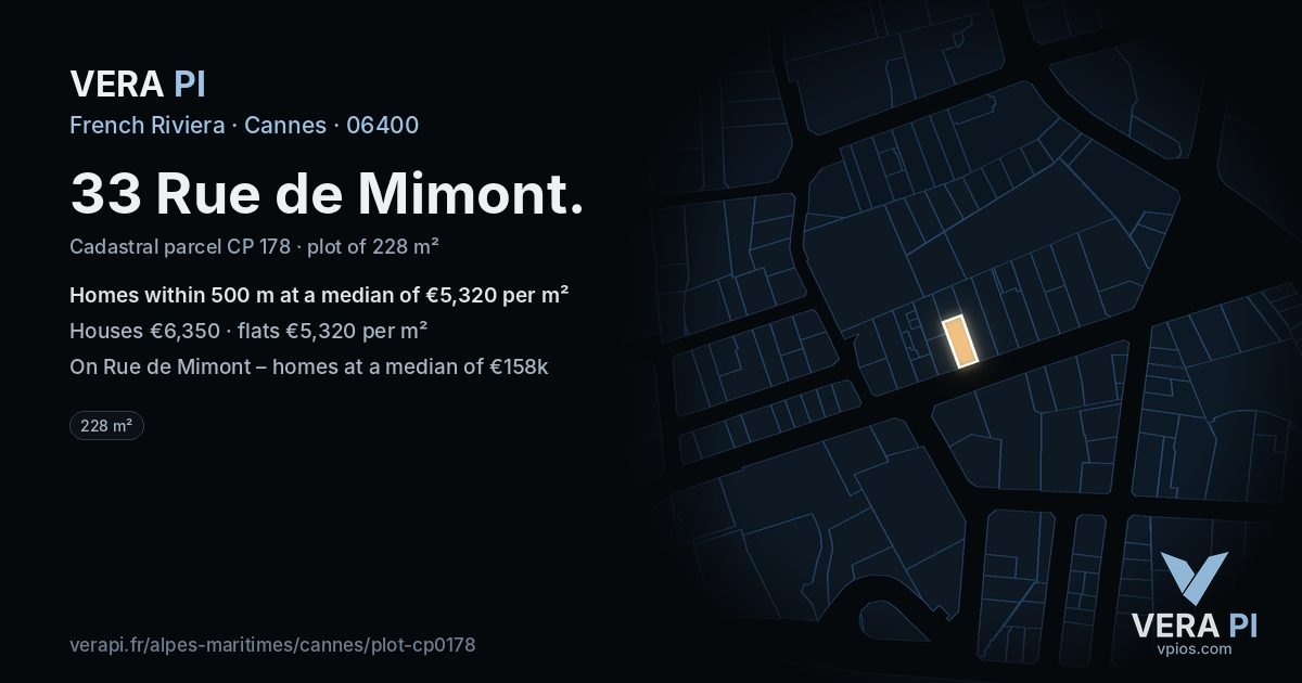 33 Rue de Mimont, Cannes at night – the plot lit, the parcels around coloured by the prices near them