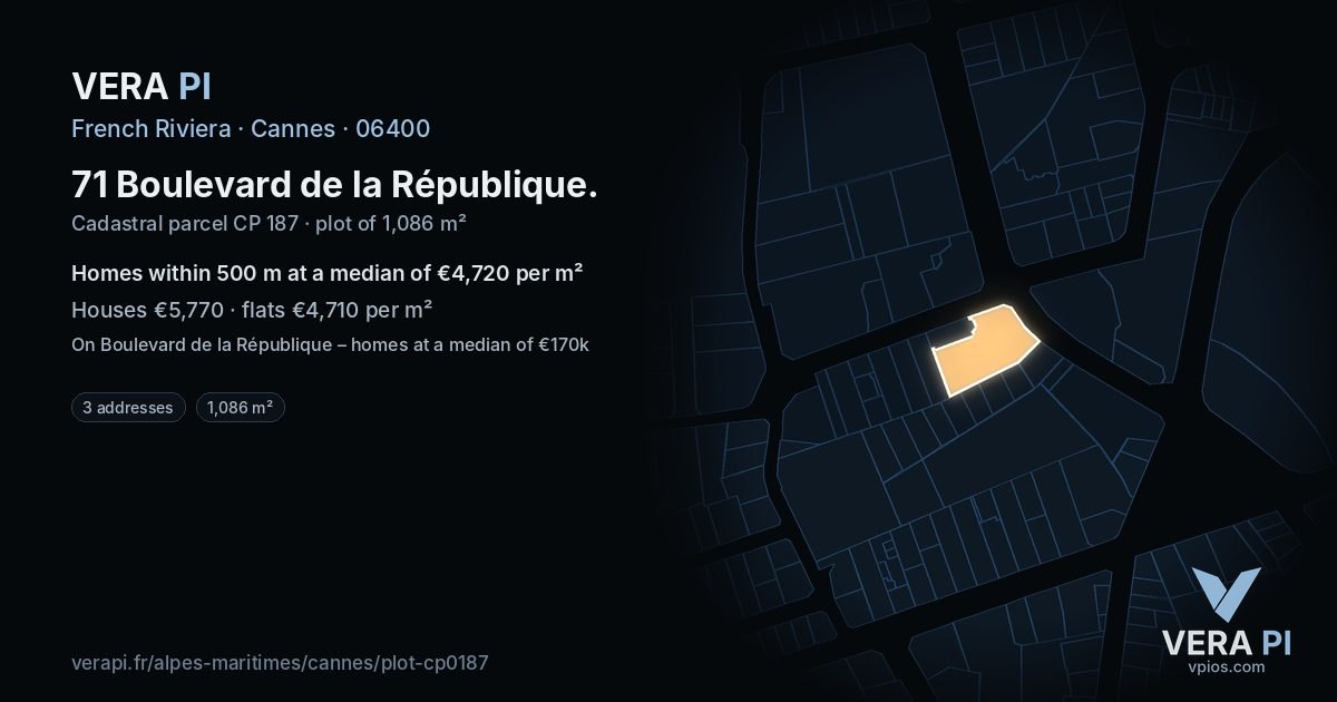 71 Boulevard de la République, Cannes at night – the plot lit, the parcels around coloured by the prices near them