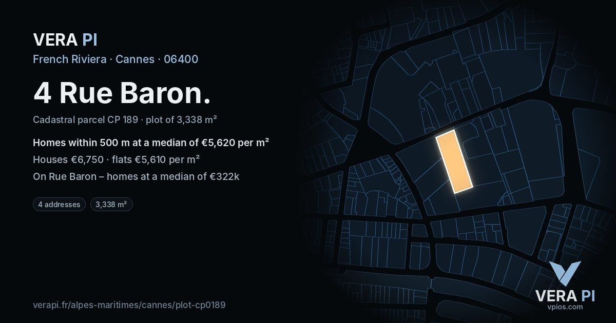 4 Rue Baron, Cannes at night – the plot lit, the parcels around coloured by the prices near them