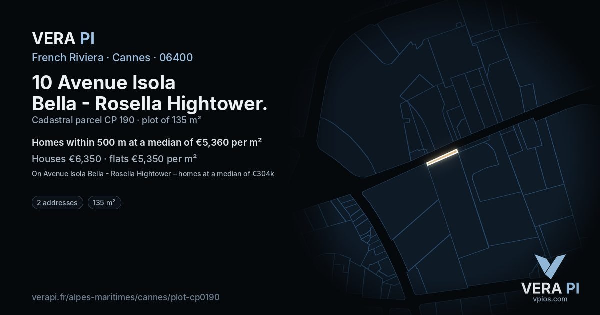 10 Avenue Isola Bella - Rosella Hightower, Cannes at night – the plot lit, the parcels around coloured by the prices near them