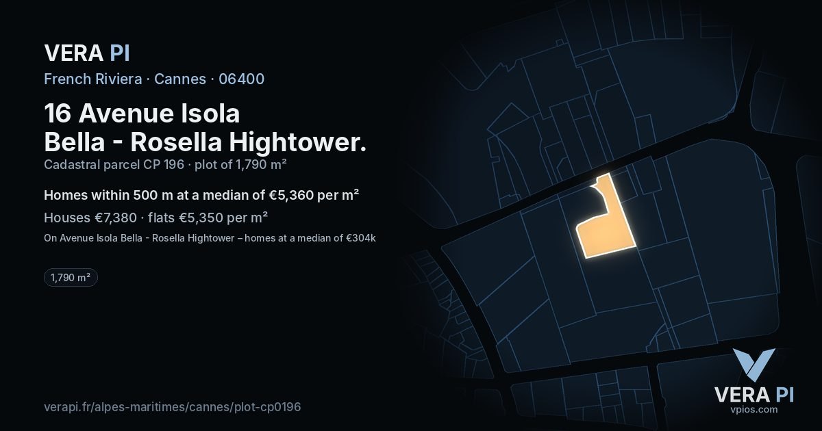 16 Avenue Isola Bella - Rosella Hightower, Cannes at night – the plot lit, the parcels around coloured by the prices near them