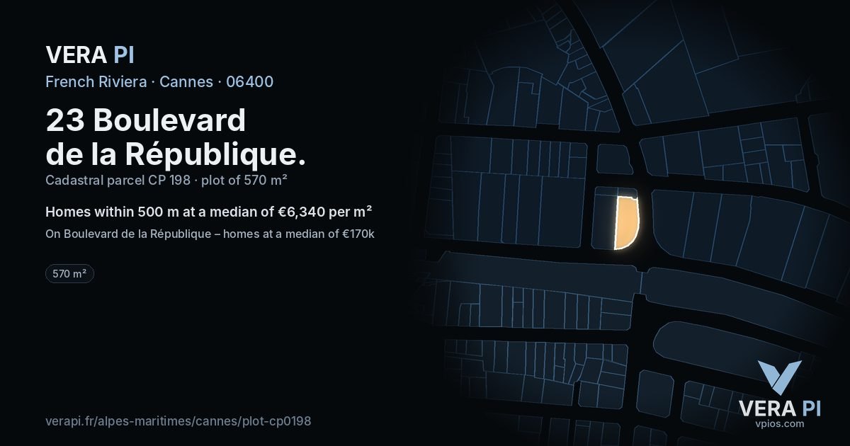 23 Boulevard de la République, Cannes at night – the plot lit, the parcels around coloured by the prices near them