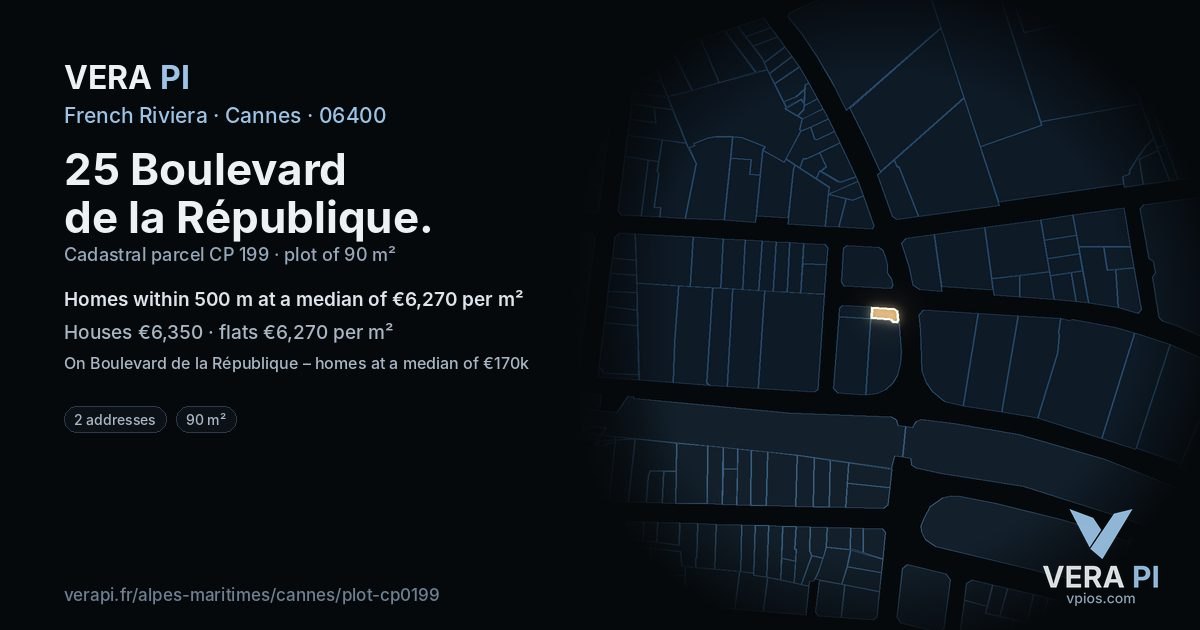 25 Boulevard de la République, Cannes at night – the plot lit, the parcels around coloured by the prices near them