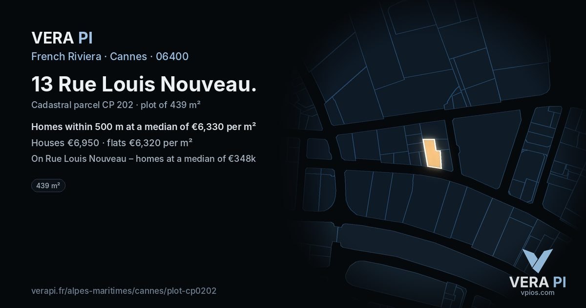 13 Rue Louis Nouveau, Cannes at night – the plot lit, the parcels around coloured by the prices near them