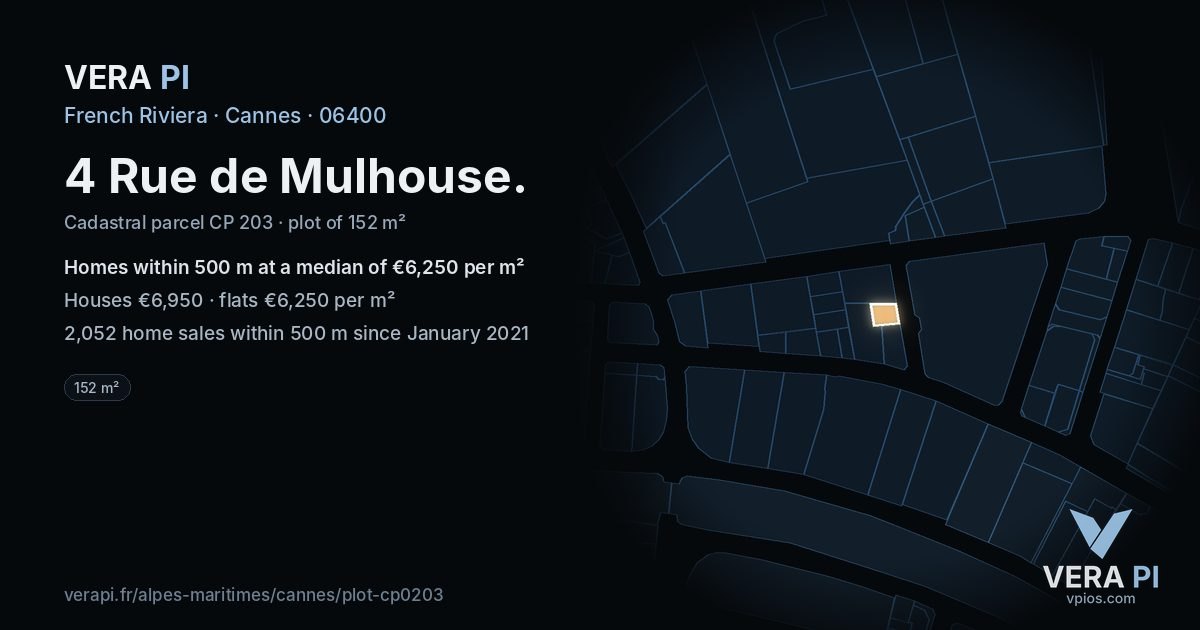 4 Rue de Mulhouse, Cannes at night – the plot lit, the parcels around coloured by the prices near them