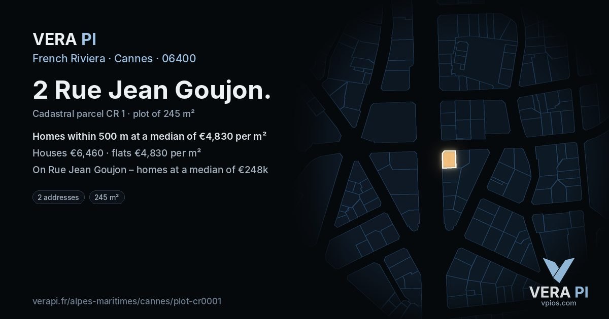 2 Rue Jean Goujon, Cannes at night – the plot lit, the parcels around coloured by the prices near them