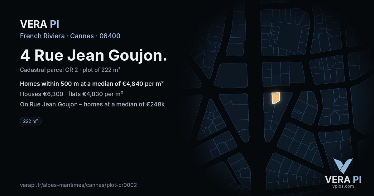 4 Rue Jean Goujon, Cannes at night – the plot lit, the parcels around coloured by the prices near them