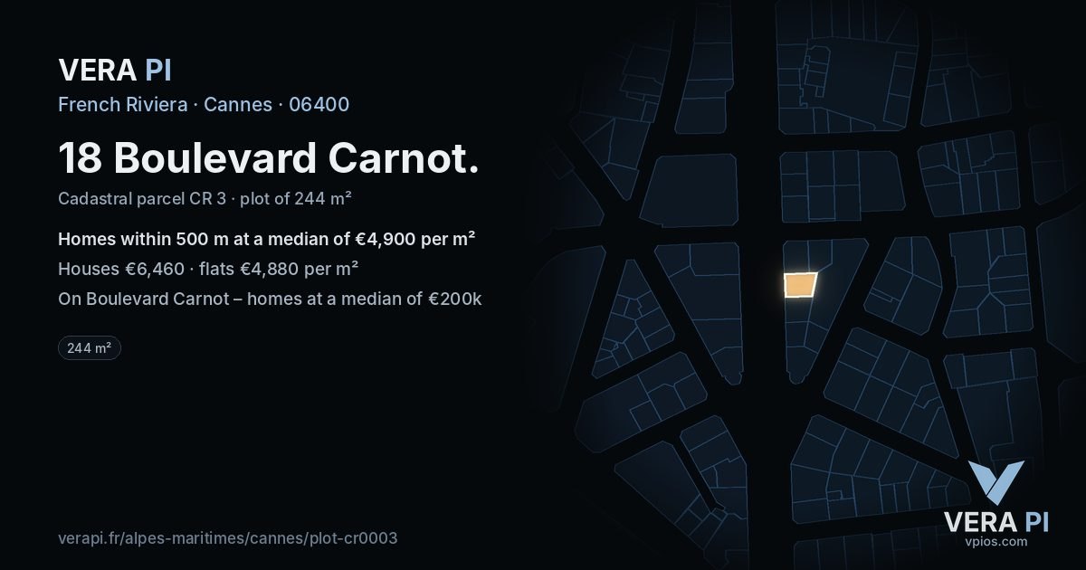 18 Boulevard Carnot, Cannes at night – the plot lit, the parcels around coloured by the prices near them
