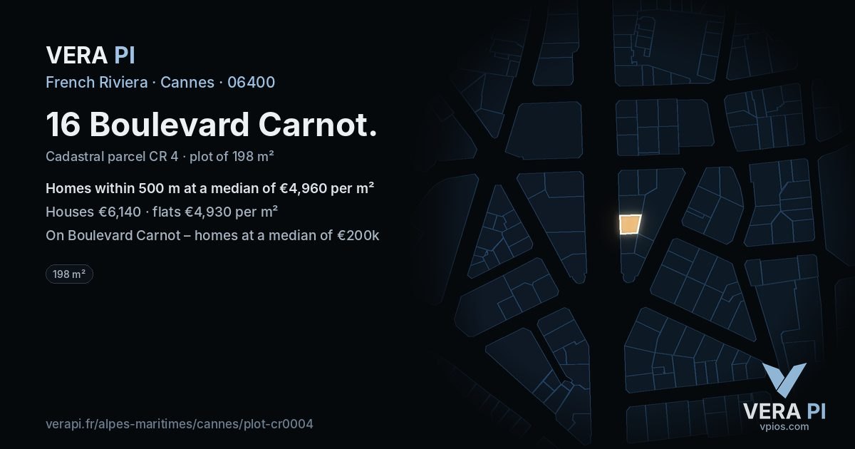 16 Boulevard Carnot, Cannes at night – the plot lit, the parcels around coloured by the prices near them