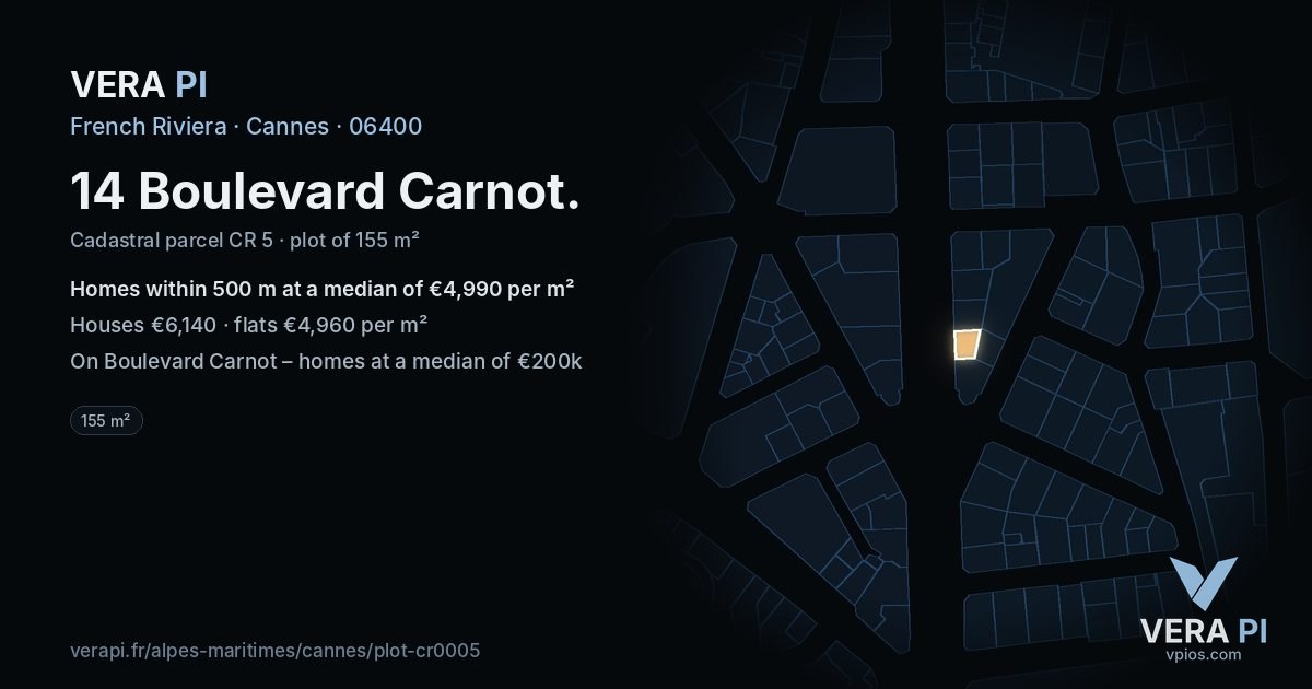 14 Boulevard Carnot, Cannes at night – the plot lit, the parcels around coloured by the prices near them