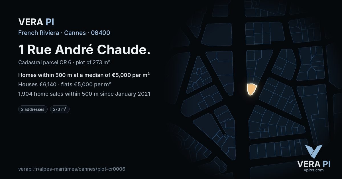 1 Rue André Chaude, Cannes at night – the plot lit, the parcels around coloured by the prices near them
