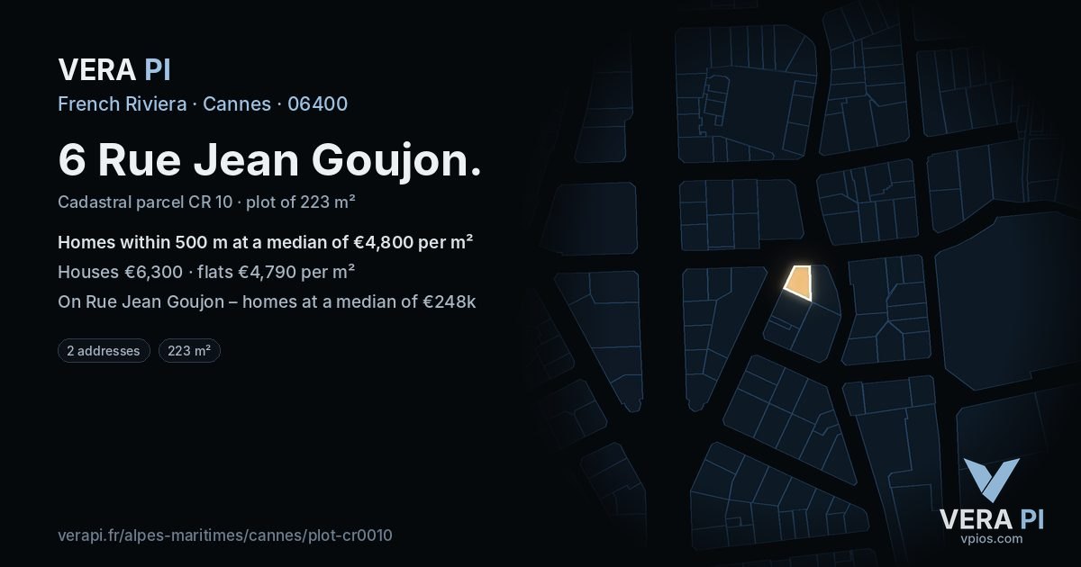 6 Rue Jean Goujon, Cannes at night – the plot lit, the parcels around coloured by the prices near them
