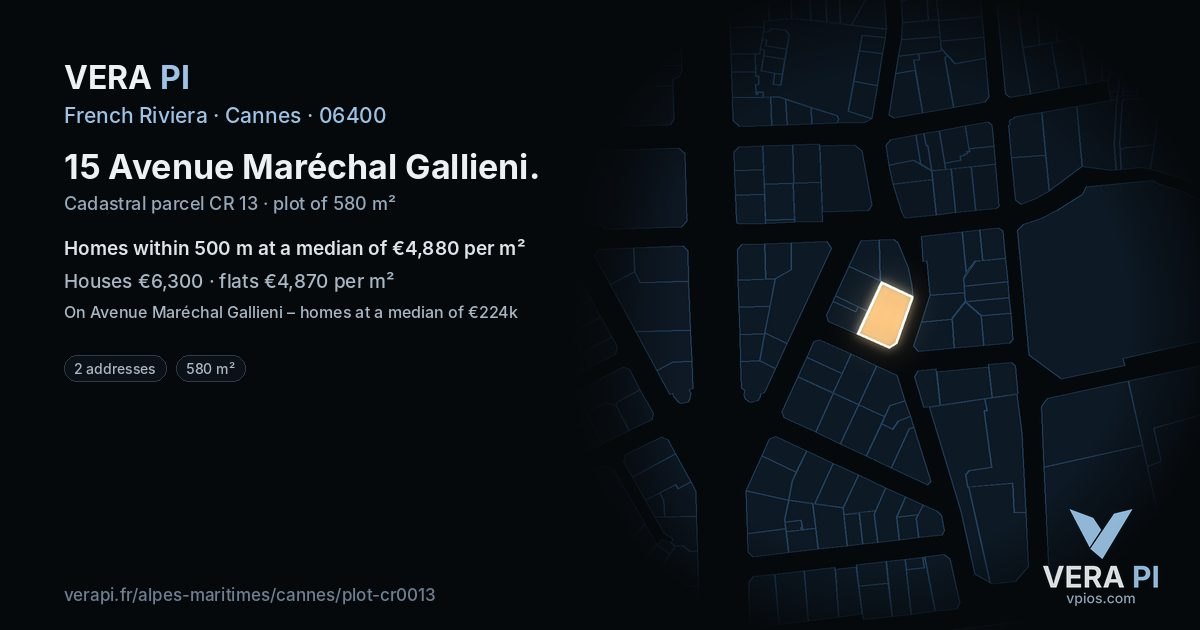 15 Avenue Maréchal Gallieni, Cannes at night – the plot lit, the parcels around coloured by the prices near them